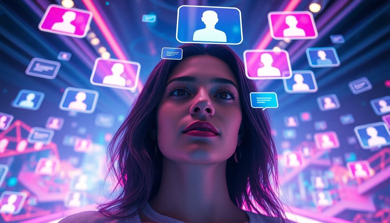 A vibrant AI dating interface scene showcasing the ai slut concept with interactive avatars and holographic chat bubbles.
