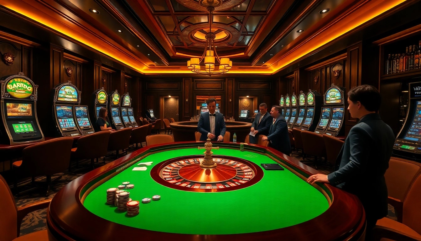 SODO casino scene with vibrant roulette table and upscale players making bets.