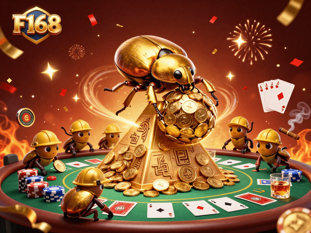 Join F168's exciting gambling adventure with golden beetles and casino symbols!