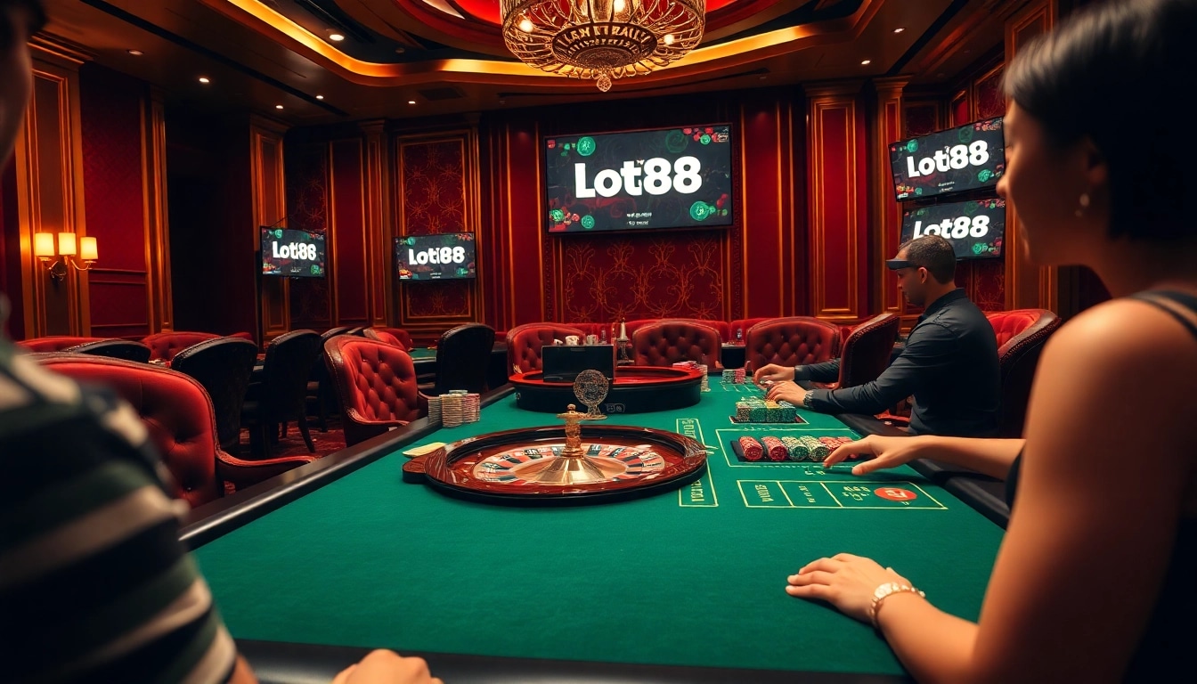 Gamblers enjoying the Loto188 online platform at a luxurious casino setting, showcasing poker chips and thrilling gameplay.