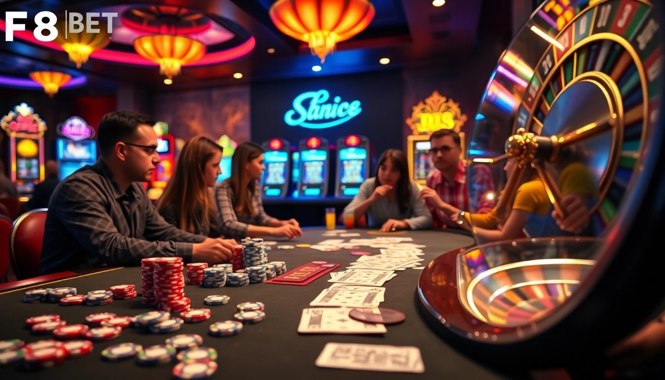 Players engaged in a thrilling game at F8bet casino, featuring cards, chips, and a roulette wheel.