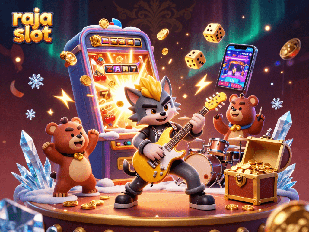 Play the raja slot featuring a rock star wolf and drummer bear in an exciting casino scene.