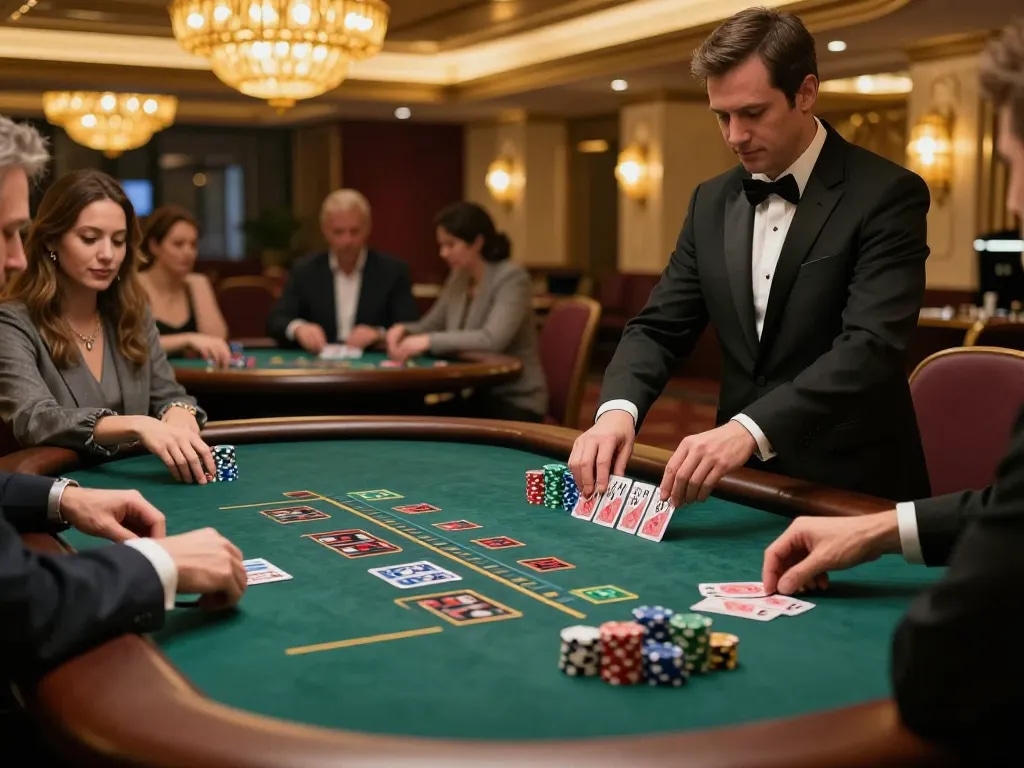 Engaging blackjack gameplay at an upscale casino with strategic players focusing on sky 88 atmosphere.