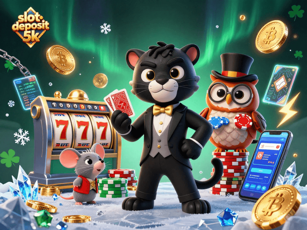 Engaging scene of stylish panther and lucky characters promoting slot deposit 5k in a casino backdrop.