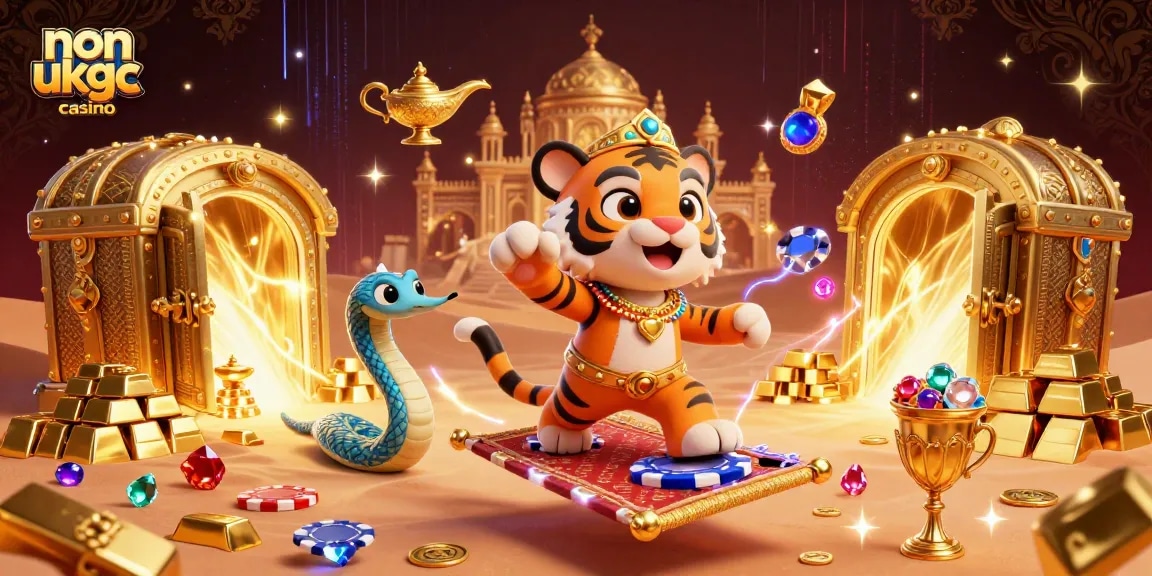 Experience the thrill of a non ukgc casino with a vibrant Arabian-themed scene featuring a tiger sultan.