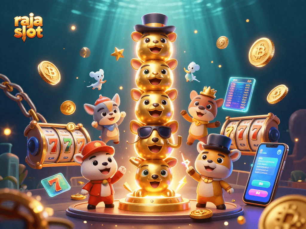 Join the excitement of raja slot with vibrant 3D illustrations of slots, coins, and jackpots!