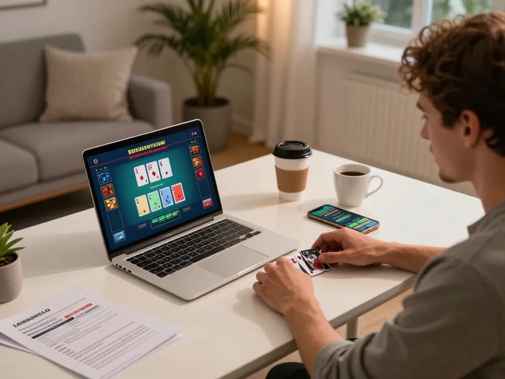 Player engaging in cm88 live blackjack from home, showcasing a strategic online gaming setup