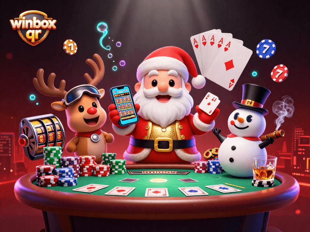 Winbox QR offers dynamic slots action with Santa, a reindeer dealer, and poker chip snowman.