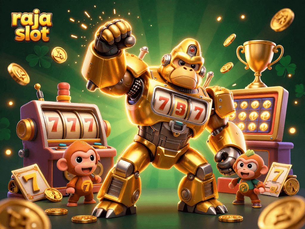 Mengoptimalkan permainan di raja slot dengan mech gorila emas yang fantastis penuh simbol mesin slot dan jackpot.