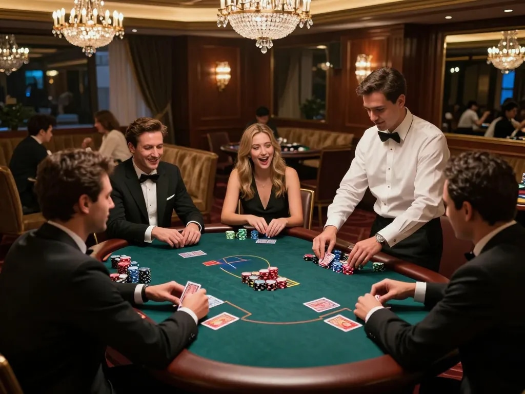 MM88 poker players engaged with high-stakes bets in plush VIP gaming area, showcasing luxury gaming atmosphere.