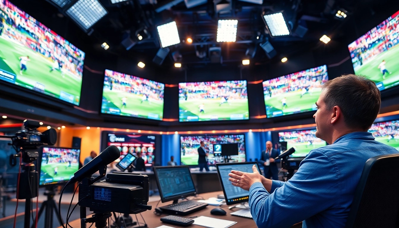 Engaging sports broadcasting setup showing an analyst and multiple screens.
