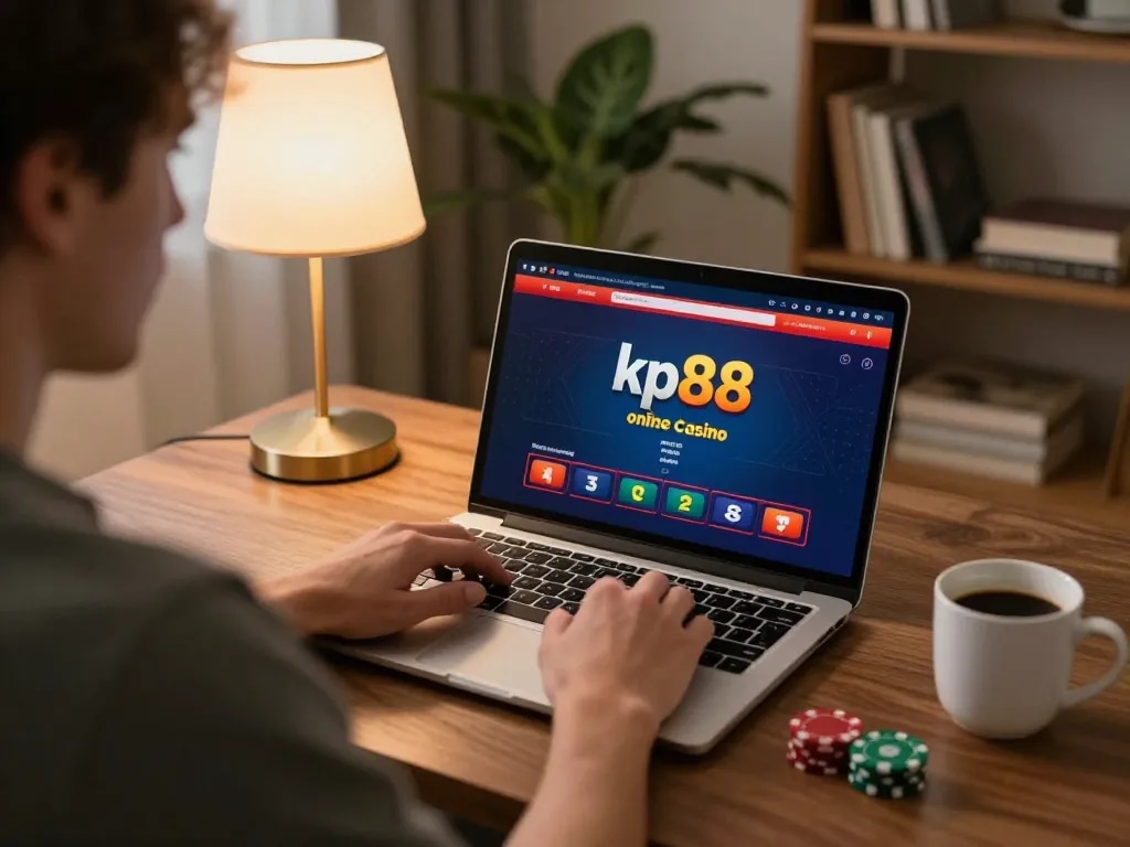 Player enjoying kp88 online casino poker at home with vibrant interface and warm atmosphere.