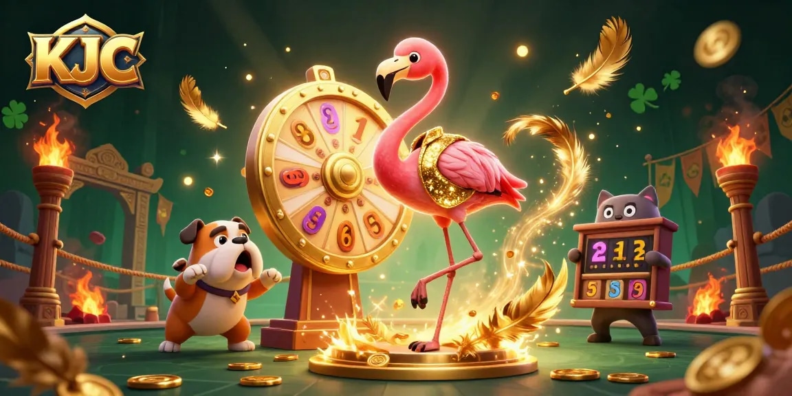 Engage with KJC's exciting prize wheel event, featuring rich casino graphics and vibrant characters.