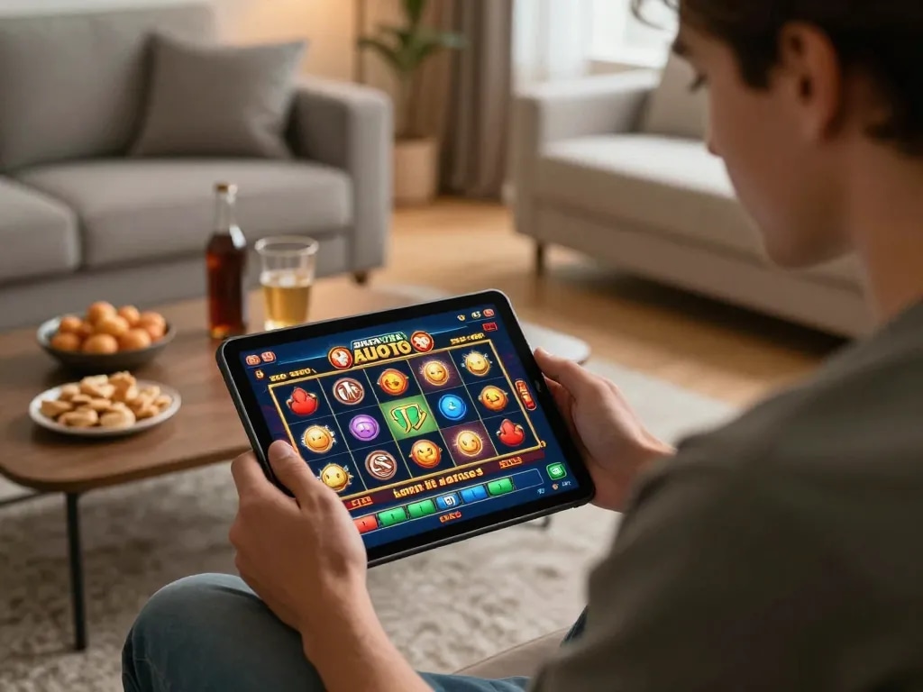 A player enjoying aman788 slot games on a tablet in a cozy living room.