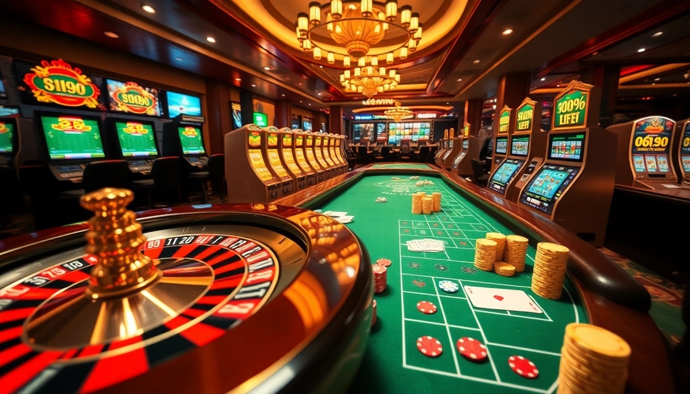 Experience the thrill of 68win with a lively casino scene showcasing poker, roulette, and slot machines.