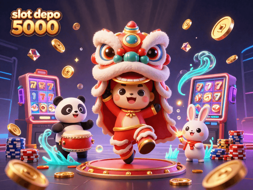 Experience the thrill of slot depo 5000 with a vibrant 3D scene featuring dancing characters, sparkling coins, and slot machine symbols.