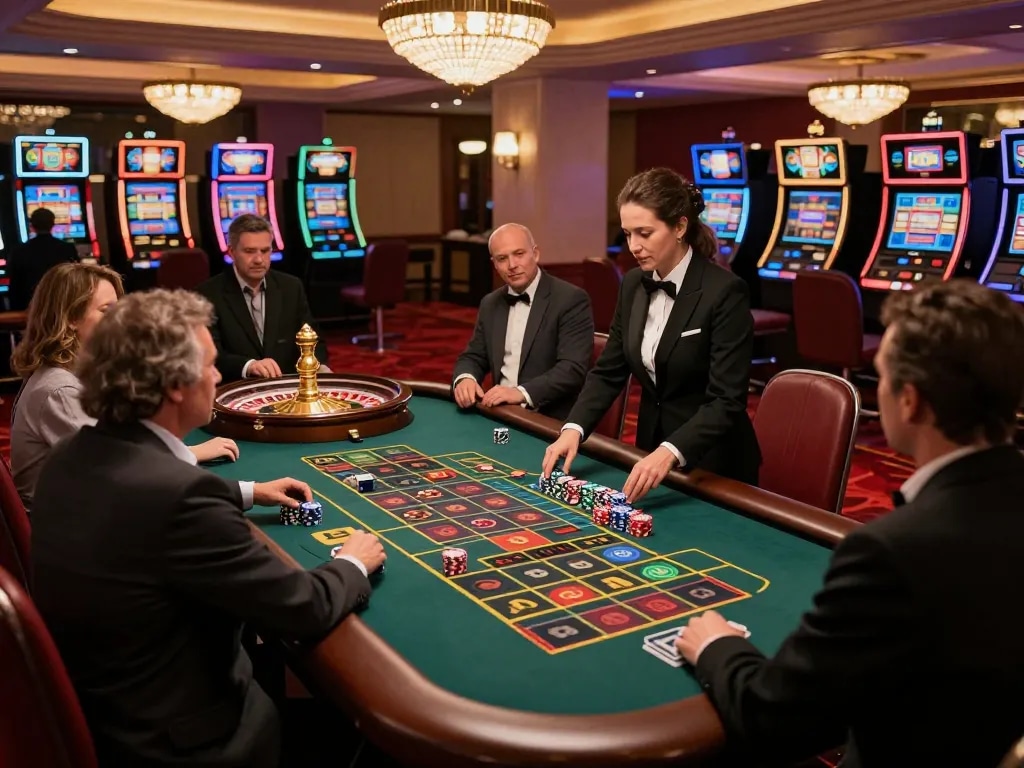 vin88 players placing strategic bets at an elegant roulette table in a lively casino setting