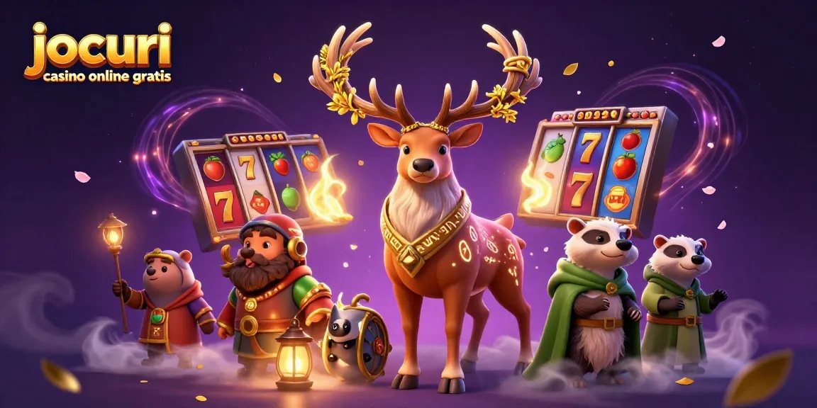 Joacă jocuri casino online gratis cu păcănele captivante și personaje fantastice în această ilustrație.
