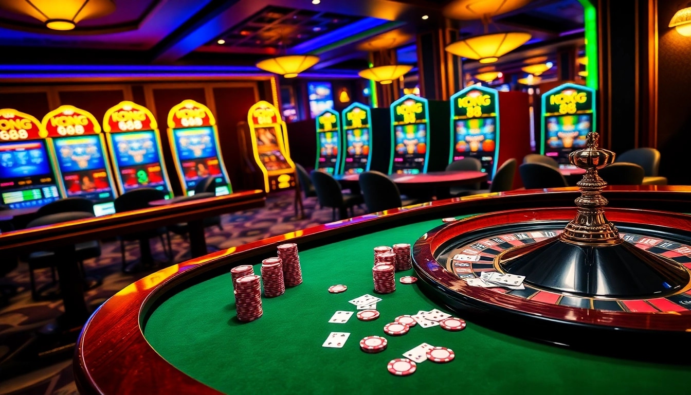 KONG 88 themed gaming area showcasing vibrant casino tables, poker chips, and roulette wheel.