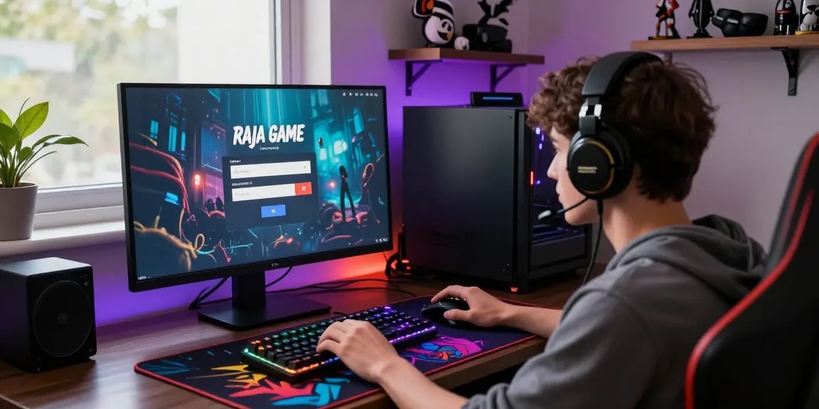 Raja Game login interface with user input in a cozy gaming setup.