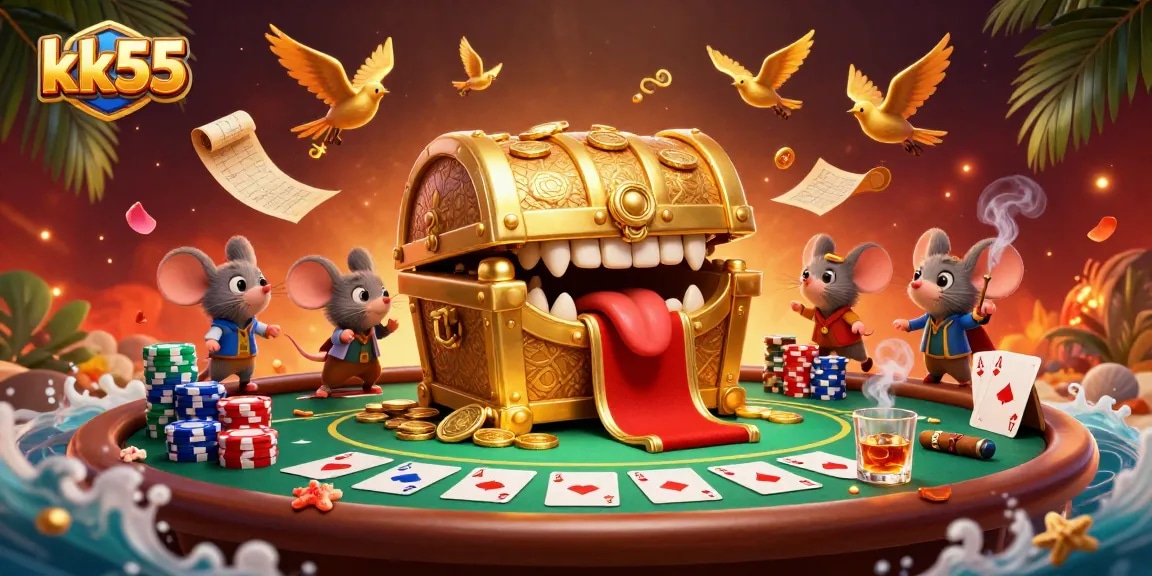 kk55 casino adventure with treasure chest and vibrant poker elements, attracting players with excitement