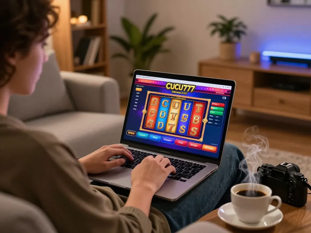 Engaging in responsible gaming on CUCU777, cozy home setting with laptop and colorful slots interface.