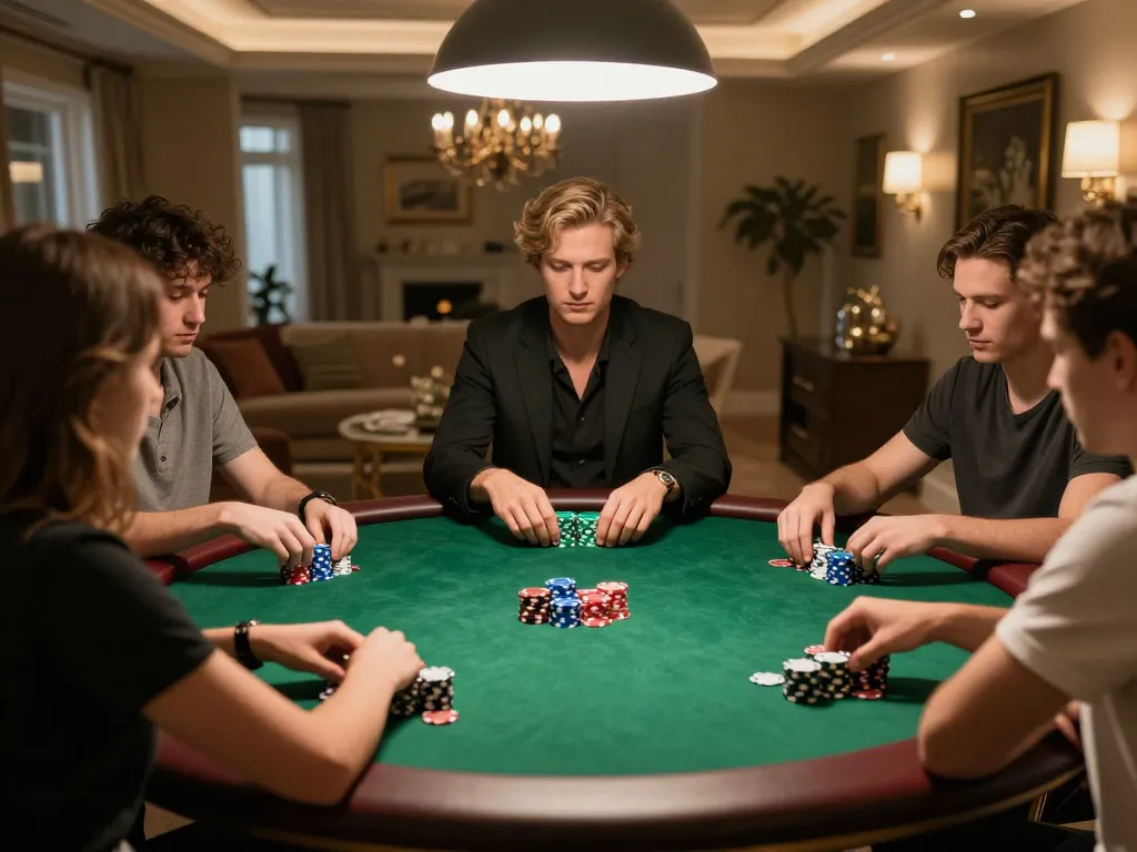 Players strategizing during an intense poker game at home, showcasing 388bet excitement.