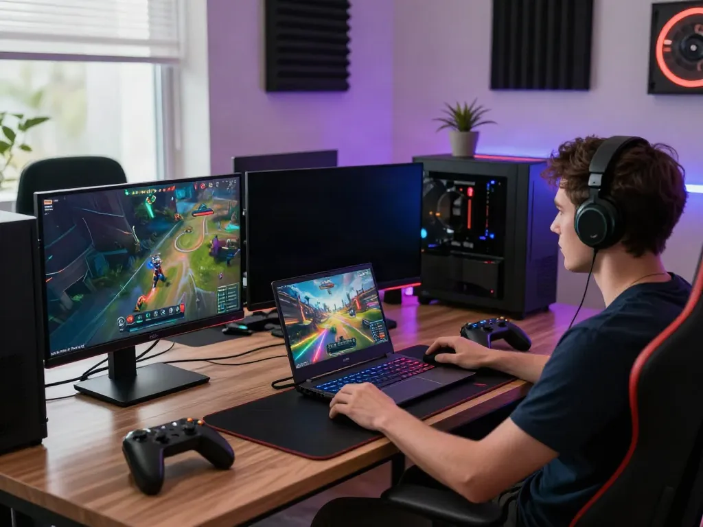 A80 gaming engagement scene with vibrant monitors and gaming memorabilia.