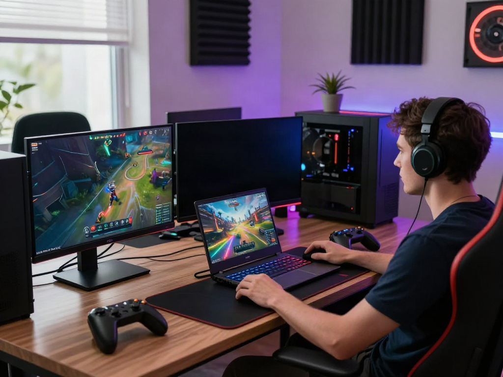 A80 gaming engagement scene with vibrant monitors and gaming memorabilia.