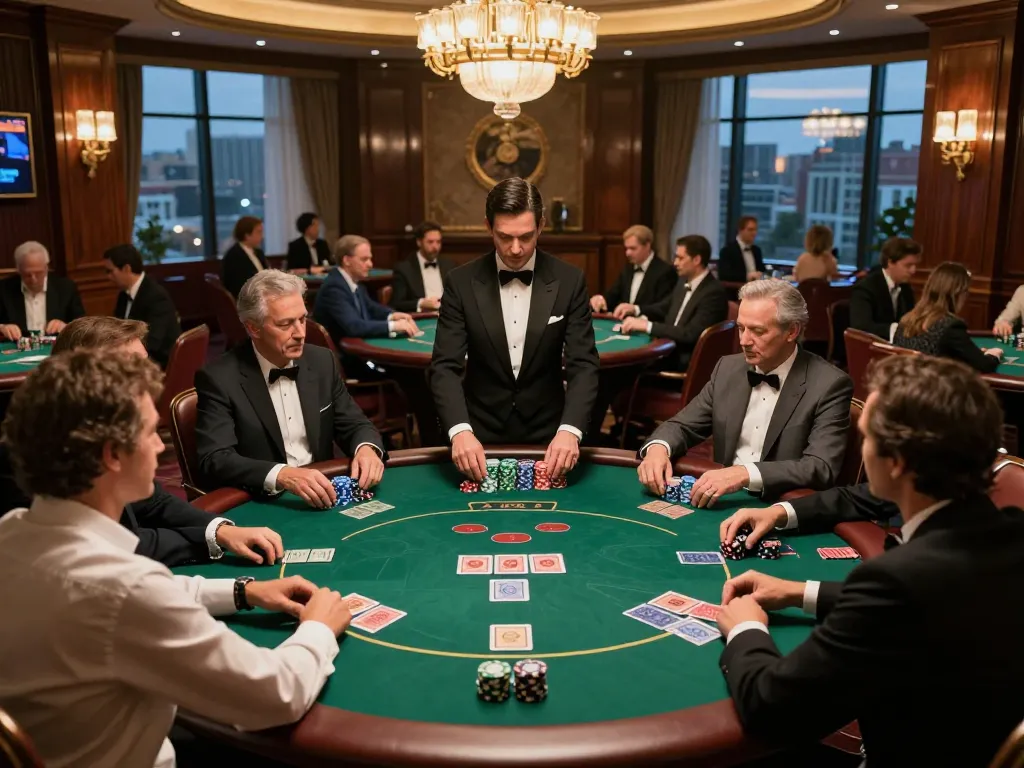 Players engaged in a high-stakes poker game at an upscale casino, showcasing the strategic excitement of Da88.
