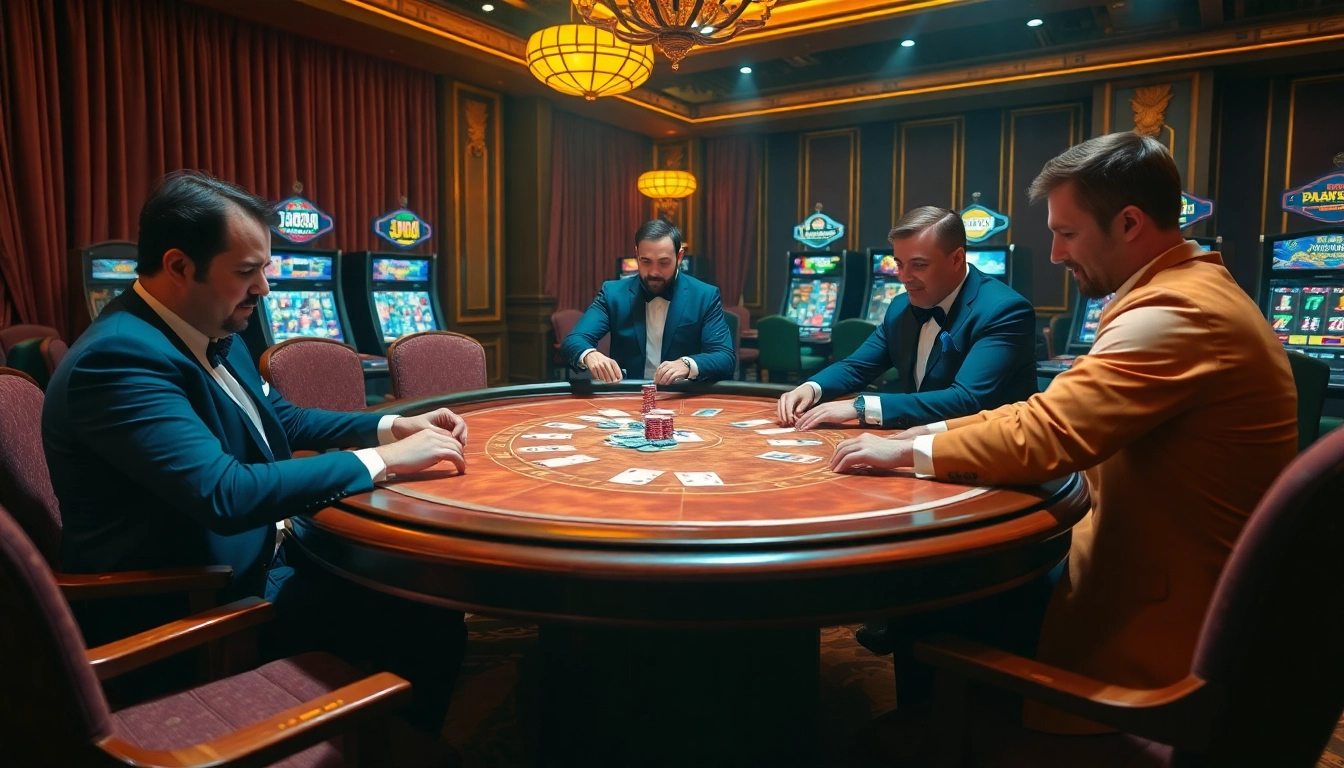 Join an exciting j88 poker game at a luxurious casino table with stylish players.