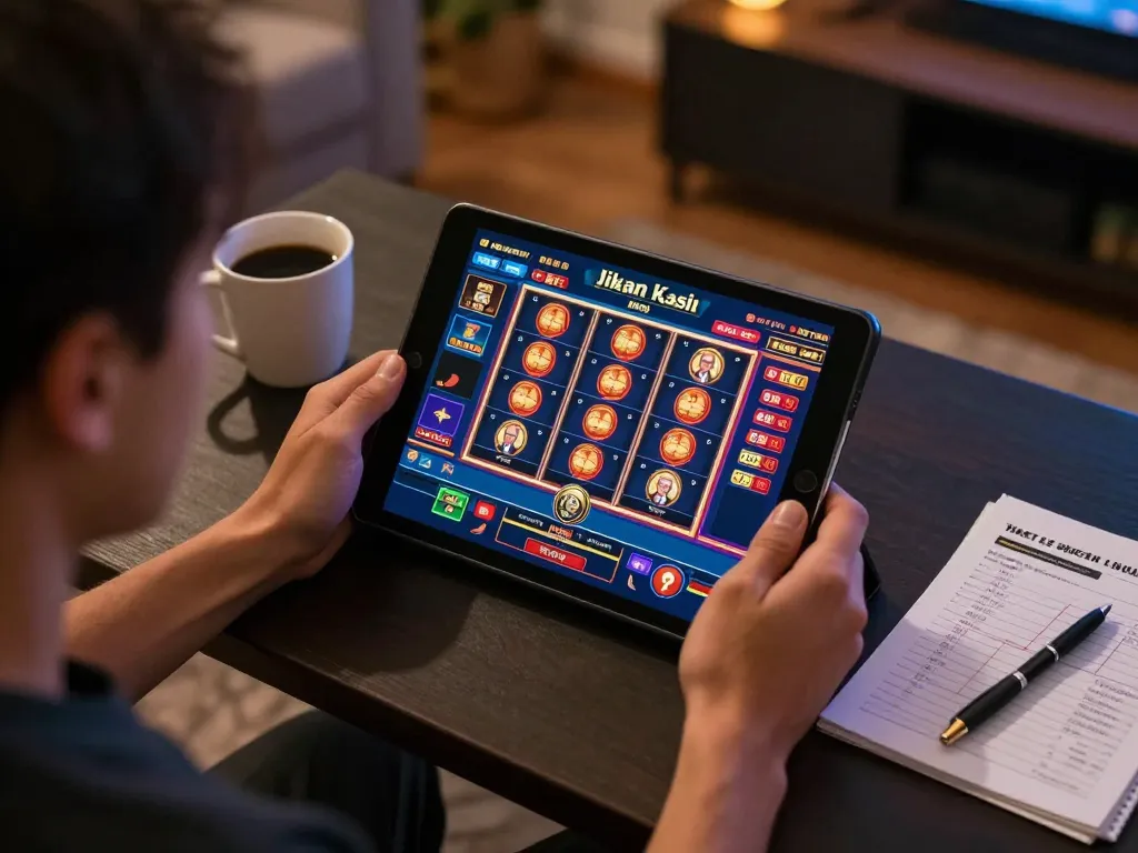 Engaging online gaming moment using jikan kasi on a tablet with vibrant casino visuals and strategy notes.