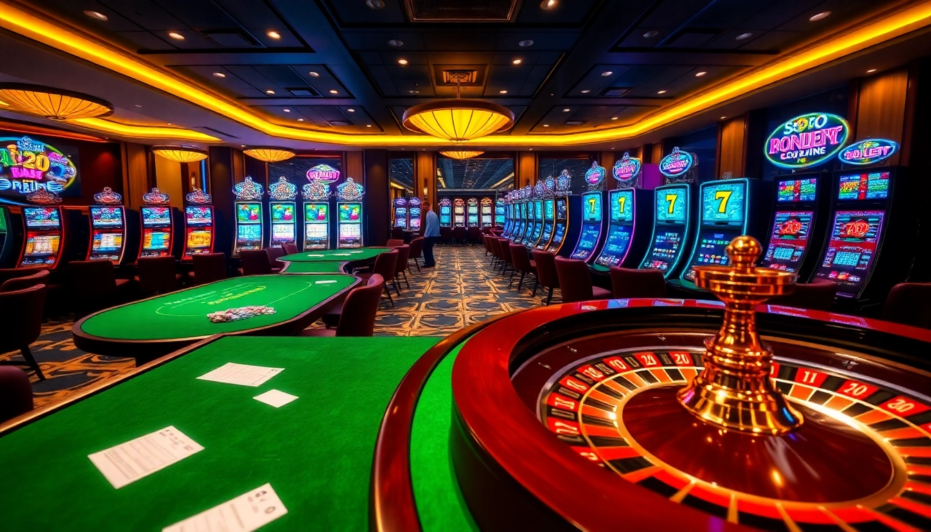 SODO-themed casino tables filled with poker chips and roulette wheels, showcasing excitement.