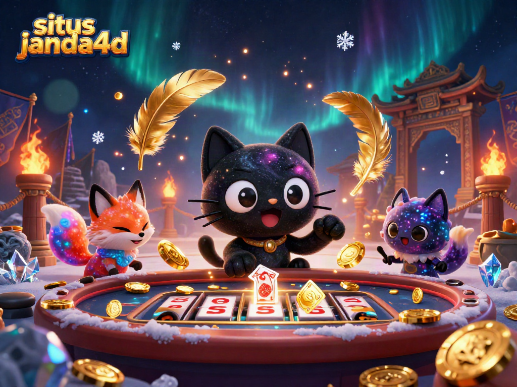 Ilustrasi situs janda4d dengan kucing lubang hitam kartun menarik chip dan kartu di meja kasino.