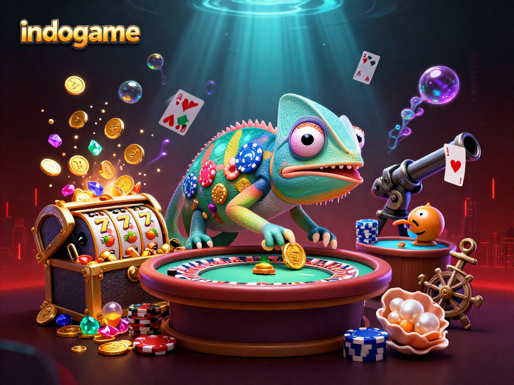 Experience the excitement of indogame with a vibrant 3D illustration showcasing a chameleon casino owner amidst slot reels and treasures.
