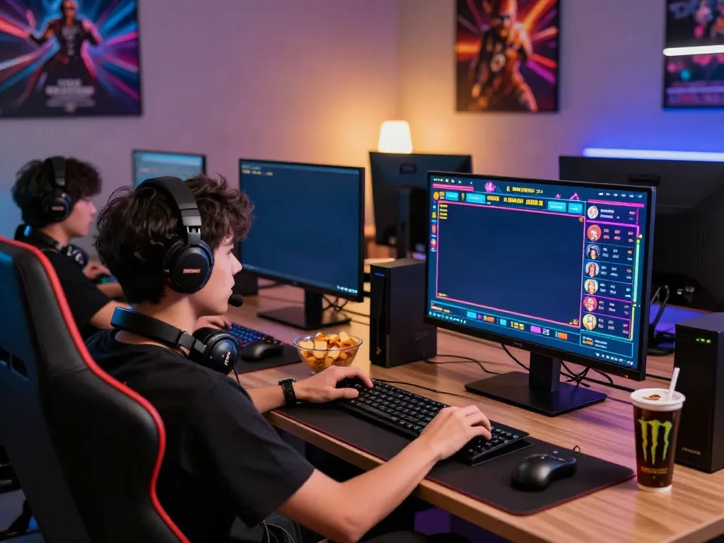 Gamer engaged in slot gaming experience, showcasing akunjp excitement and interactive digital environment.