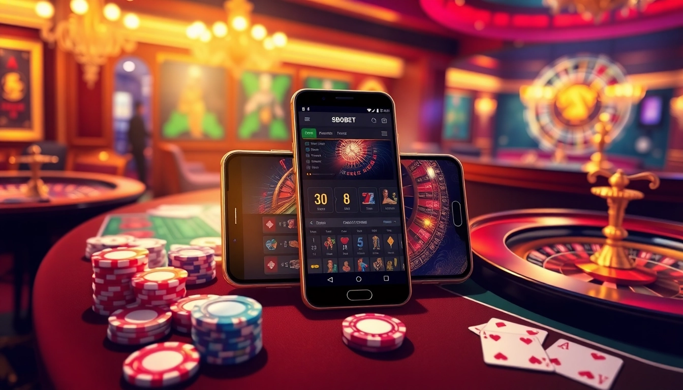Experience the thrill of sbobet login with a vibrant casino setting featuring online betting on a smartphone.