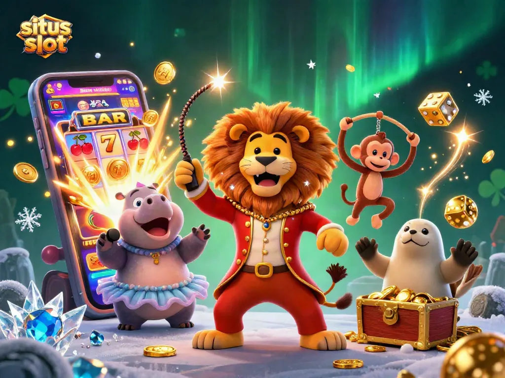 Menghadirkan permainan situs slot dengan jackpot khas, karakter menarik di latar belakang mewah.