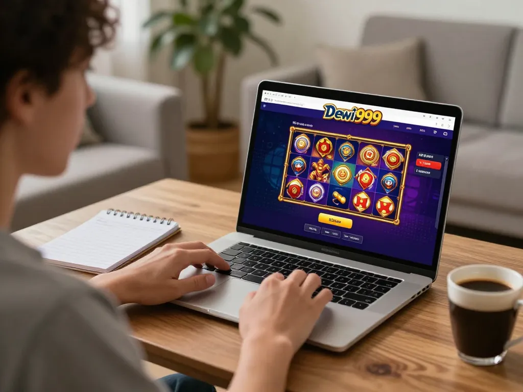 Platform permainan Dewi999 di laptop yang menangkap strategi kemenangan dalam suasana ruang tamu yang nyaman.