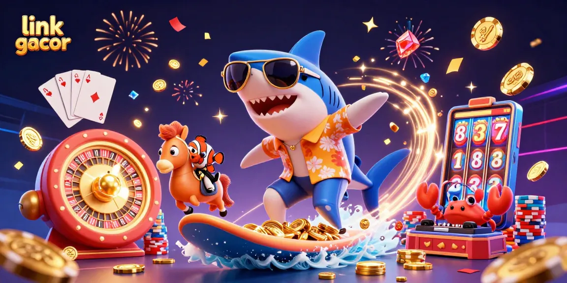 Experience excitement with link gacor as the shark surfs on coins beside a tuxedo clownfish.