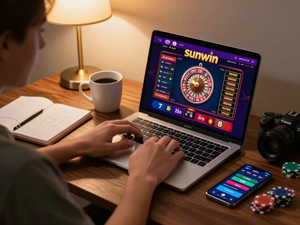 Gambling on Sunwin platform with vibrant roulette game displayed on laptop in stylish home setting