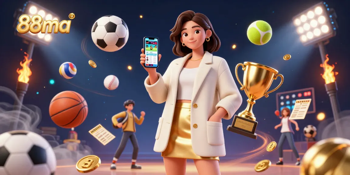 Bet on thrilling games with 88ma in a vibrant 3D illustration showcasing a confident Asian woman and golden sports elements.