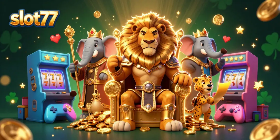 Experience the thrill of slot77 with vibrant 3D characters and colorful casino elements.