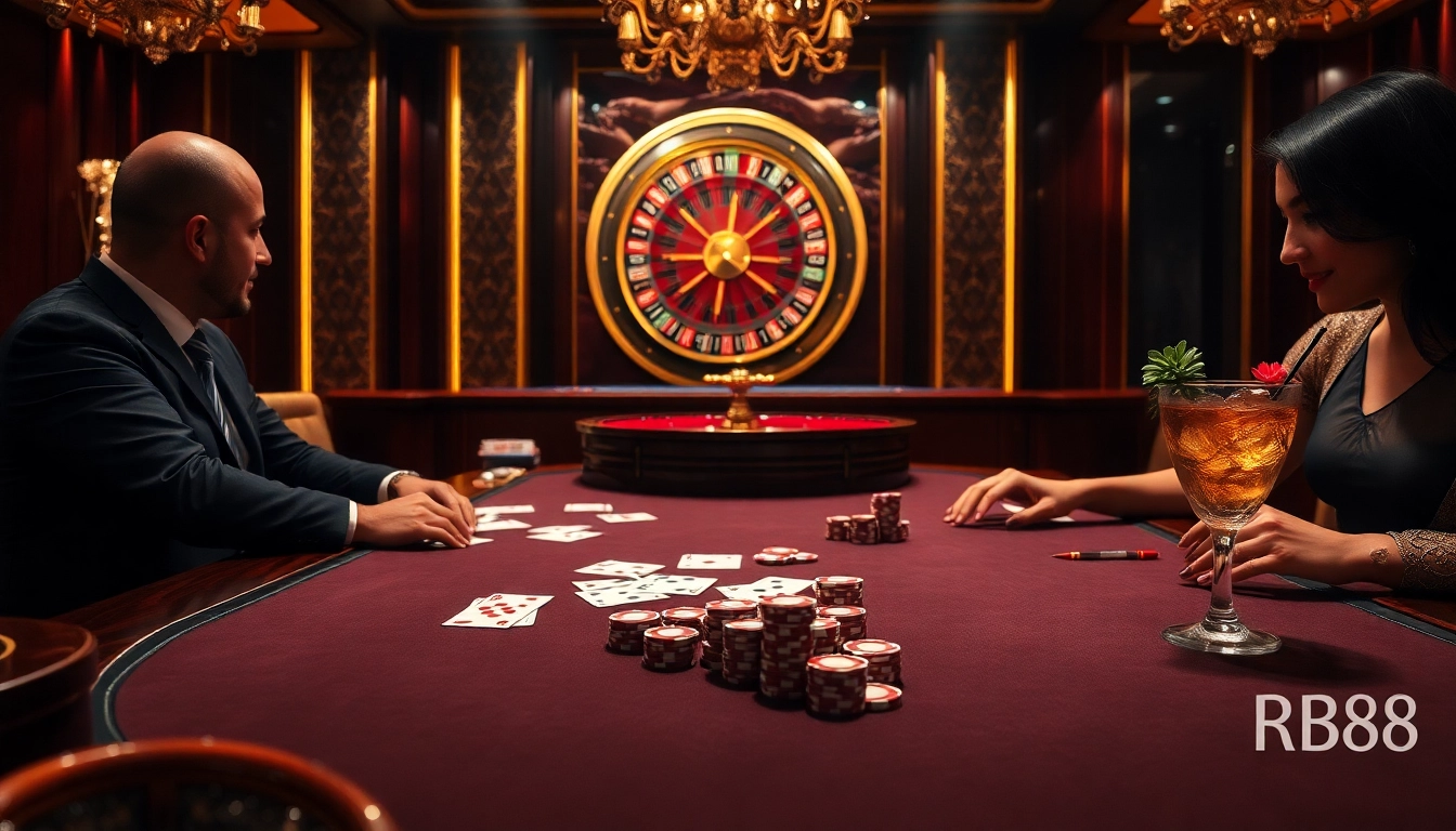 Players enjoying a high-stakes poker game at RR 88 casino with vibrant chips and elegant atmosphere.