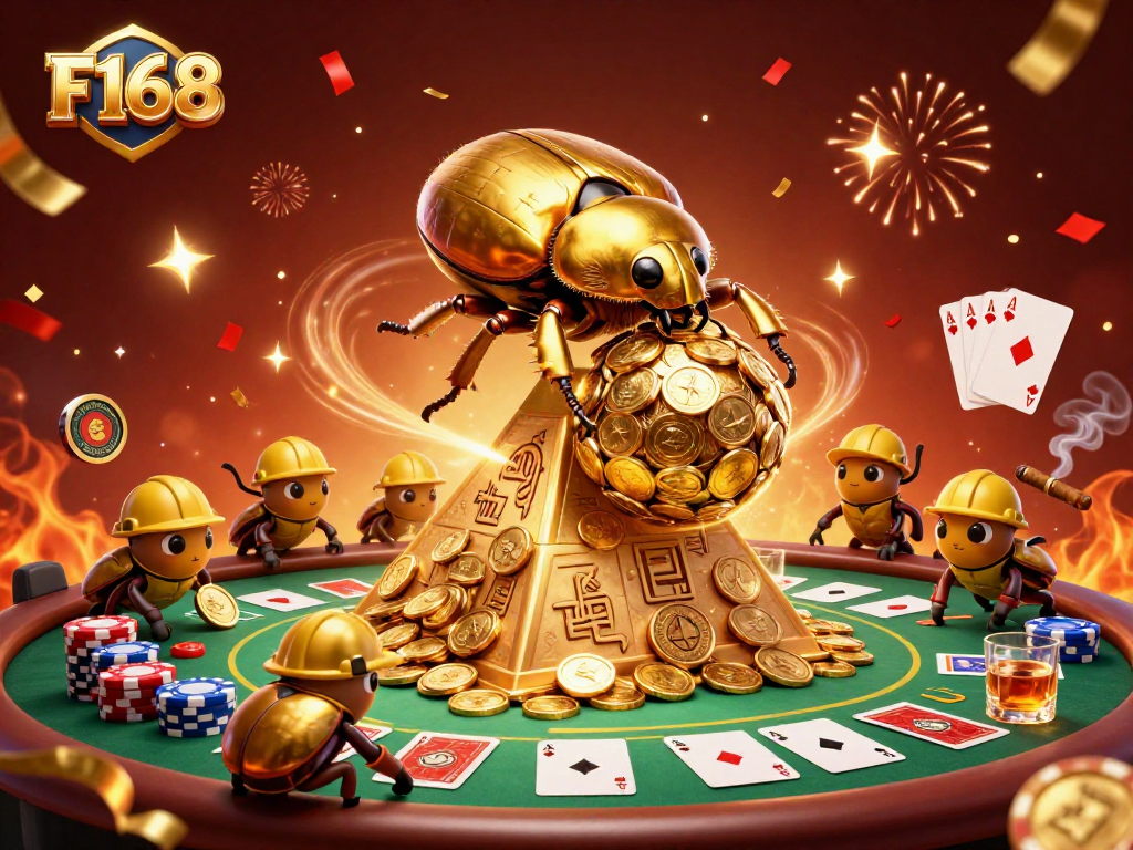 Join F168's exciting gambling adventure with golden beetles and casino symbols!