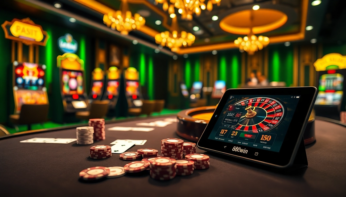Experience the thrill of 68win with vibrant casino visuals featuring poker chips and a roulette wheel.
