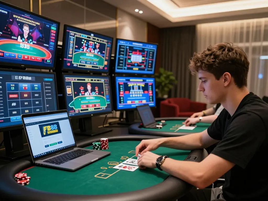 Player analyzing game strategy on FB88 online casino platform during high-stakes poker session