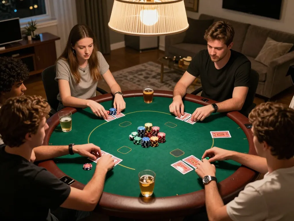 Players strategizing their moves at a home poker game featuring bl555 brand chips and cards in action.
