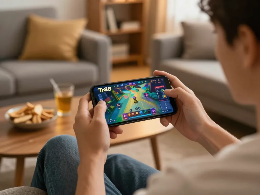 Enjoying a Tr88 game on mobile, showcasing a user-friendly interface and cozy home atmosphere.
