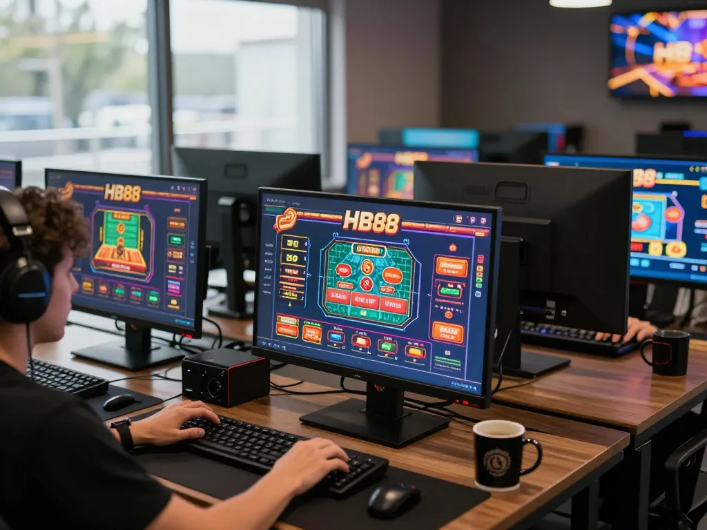 HB88 player strategizing with live casino games on multiple screens in a modern setup